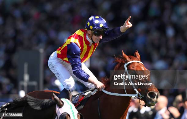 James McDonald celebrates on board Nature Strip as they win The King's Stand Stakes during Royal Ascot 2022 at Ascot Racecourse on June 14, 2022 in...