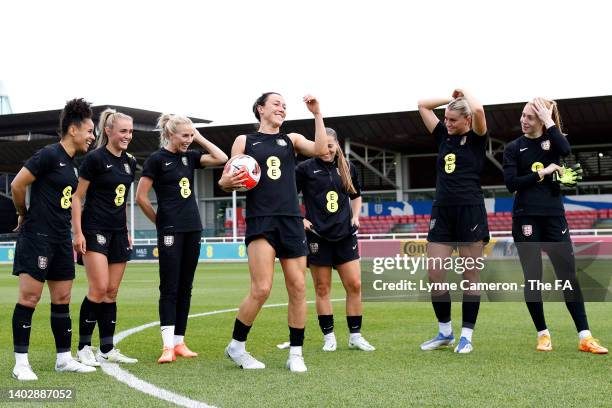 Demi Stokes, Georgia Stanway, Alex Greenwood, Lucy Bronze, Fran Kirby, Alessia Russo and Sandy MacIver of England react during England Women Pre-Euro...