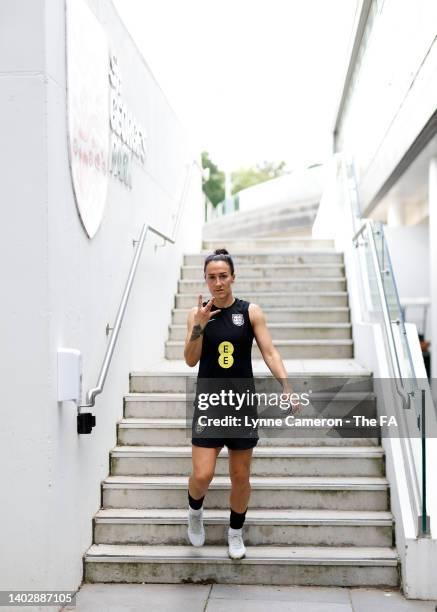 Lucy Bronze of England reacts during England Women Pre-Euro Camp 3 at St George's Park on June 14, 2022 in Burton upon Trent, England.