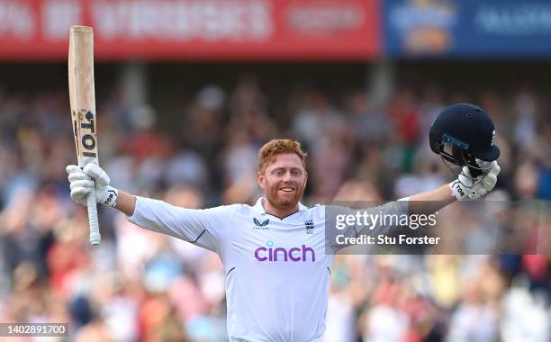 England batsman Jonny Bairstow celebrates his century during day five of the Second Test Match between England and New Zealand at Trent Bridge on...