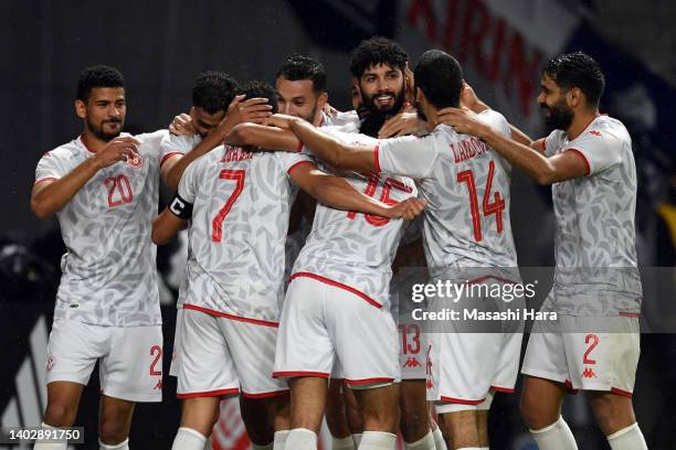 Players of Tunisia celebrate the second goal by Ferjani Sassi during the international friendly match between Japan and Tunisia at Panasonic Stadium...