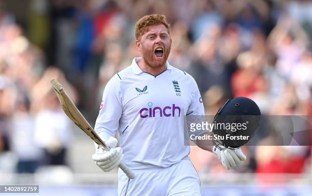England batsman Jonny Bairstow celebrates his century during day five of the Second Test Match between England and New Zealand at Trent Bridge on...
