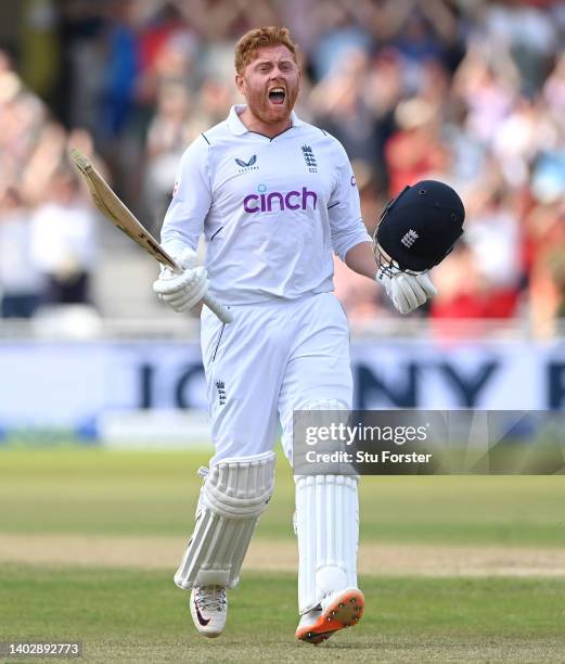 England batsman Jonny Bairstow celebrates his century during day five of the Second Test Match between England and New Zealand at Trent Bridge on...