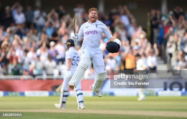 England batsman Jonny Bairstow celebrates his century during day five of the Second Test Match between England and New Zealand at Trent Bridge on...