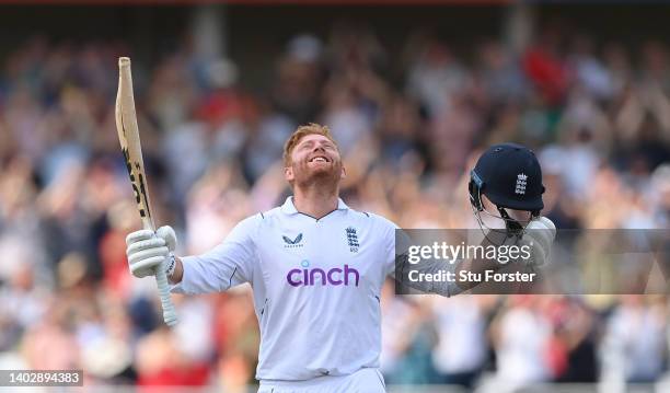 England batsman Jonny Bairstow celebrates his century during day five of the Second Test Match between England and New Zealand at Trent Bridge on...