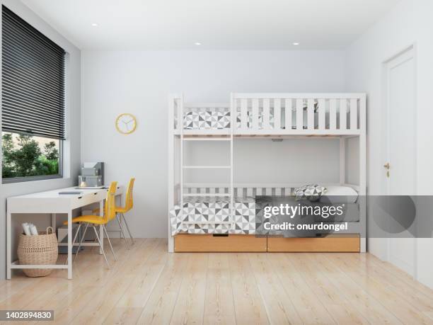 modern teen room interior with bunkbed, study desk and yellow chairs - bunk bed stockfoto's en -beelden