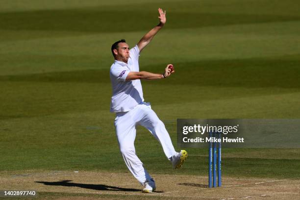Kyle Abbott of Hampshire in action during the LV= Insurance County Championship match between Hampshire and Yorkshire at Ageas Bowl on June 14, 2022...