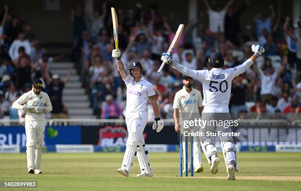 England batsman Ben Stokes celebrates the winning runs during day five of the Second Test Match between England and New Zealand at Trent Bridge on...