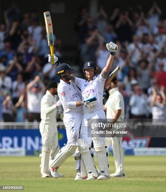 England batsman Ben Stokes celebrates the winning runs during day five of the Second Test Match between England and New Zealand at Trent Bridge on...