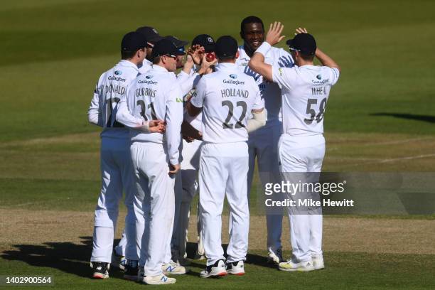 Keith Barker of Hampshire celebrates with team mates after dismissing Harry Brook of Yorkshire during the LV= Insurance County Championship match...