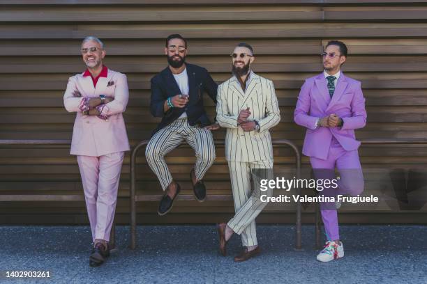 Guests posing at the Pitti Immagine Uomo 102 at Fortezza Da Basso on June 14, 2022 in Florence, Italy.