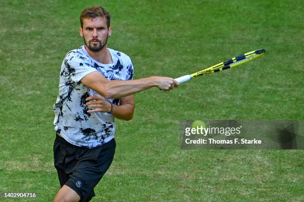 Oscar Otte of Germany plays a forehand in his match against Miomir Kecmanovic of Serbia during day four of the 29th Terra Wortmann Open at OWL-Arena...