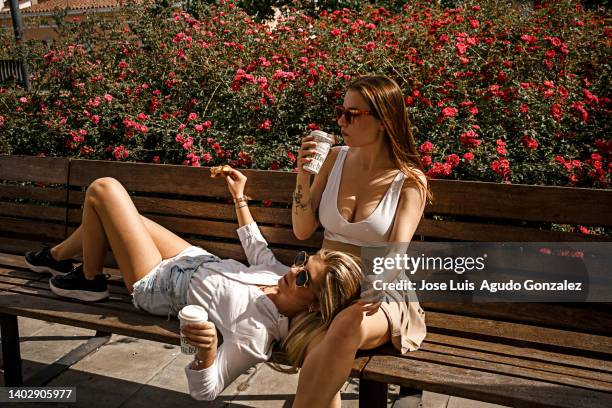 two pretty girls with sunglasses and long hair are having breakfast in the park, one of them is stretched out with her head resting on her friend's legs. - broken cup stock-fotos und bilder