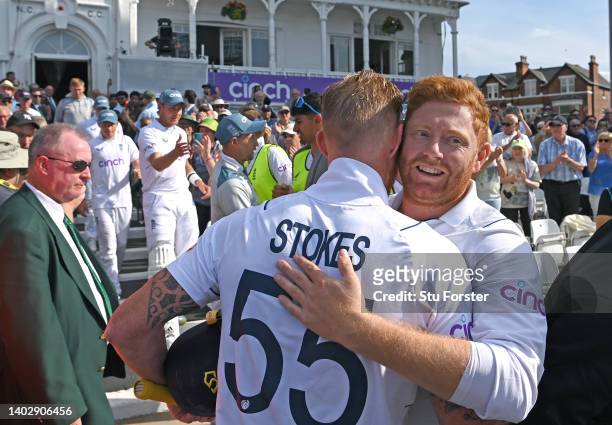 England batsman Jonny Bairstow congratulates captain Ben Stokes after day five of the Second Test Match between England and New Zealand at Trent...