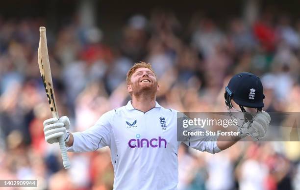 England batsman Jonny Bairstow celebrates his century during day five of the Second Test Match between England and New Zealand at Trent Bridge on...