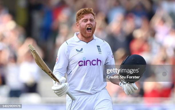 England batsman Jonny Bairstow celebrates his century during day five of the Second Test Match between England and New Zealand at Trent Bridge on...