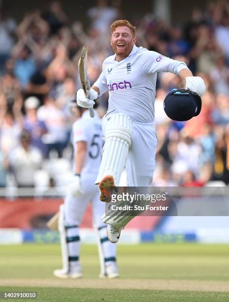 England batsman Jonny Bairstow celebrates his century during day five of the Second Test Match between England and New Zealand at Trent Bridge on...