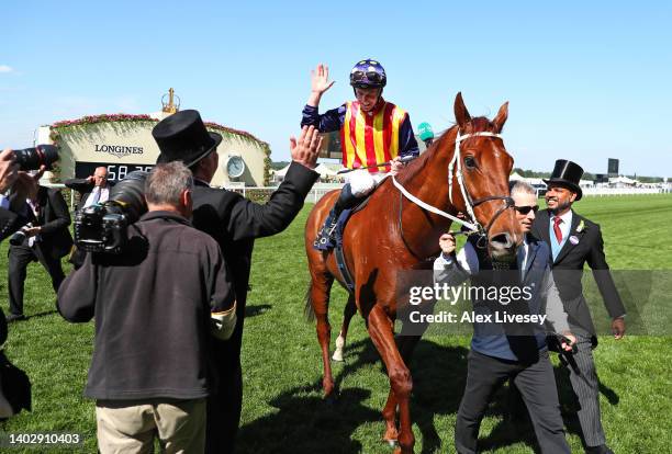 James McDonald celebrates on board Nature Strip as they win The King's Stand Stakes during Royal Ascot 2022 at Ascot Racecourse on June 14, 2022 in...