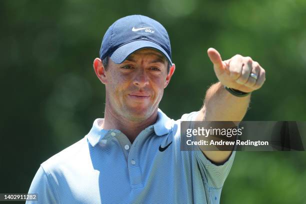 Rory McIlroy of Northern Ireland reacts on the tenth hole during a practice round prior to the US Open at The Country Club on June 14, 2022 in...