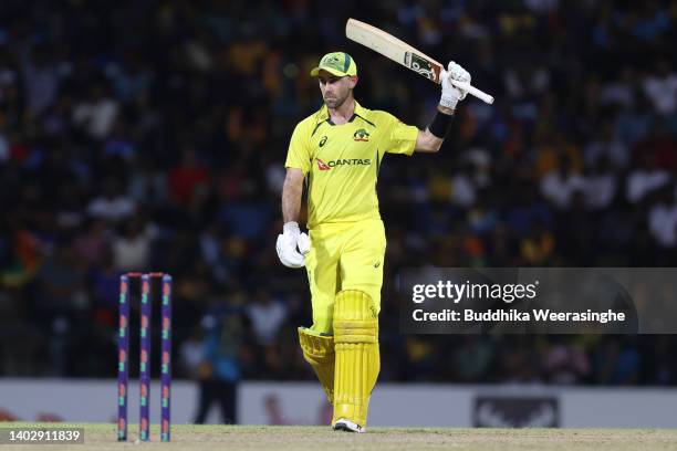 Glenn Maxwell of Australia celebrates after his marking 50 runs during the 1st match in the ODI series between Sri Lanka and Australia at Pallekele...