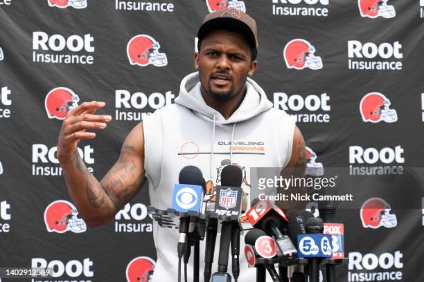 Deshaun Watson of the Cleveland Browns speaks during press conference after the Cleveland Browns mandatory minicamp at CrossCountry Mortgage Campus...