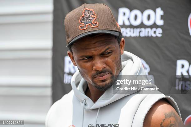 Deshaun Watson of the Cleveland Browns listens to questions during press conference after the Cleveland Browns mandatory minicamp at CrossCountry...