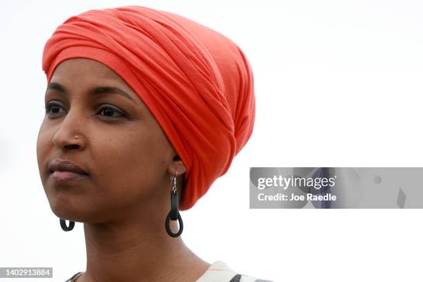 Rep. Ilhan Omar speaks during a press conference held outside of the U.S. Capitol Building on June 14, 2022 in Washington, DC. Rep. Omar spoke about...