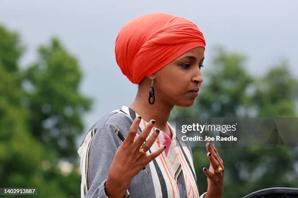 Rep. Ilhan Omar speaks during a press conference held outside of the U.S. Capitol Building on June 14, 2022 in Washington, DC. Rep. Omar spoke about...
