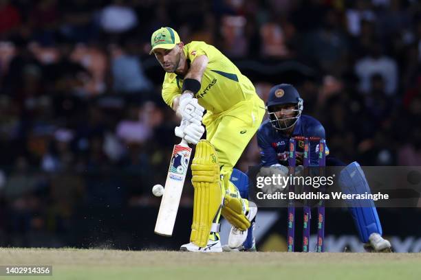 Glenn Maxwell of Australia hits to the boundary during the 1st match in the ODI series between Sri Lanka and Australia at Pallekele Cricket Stadium...