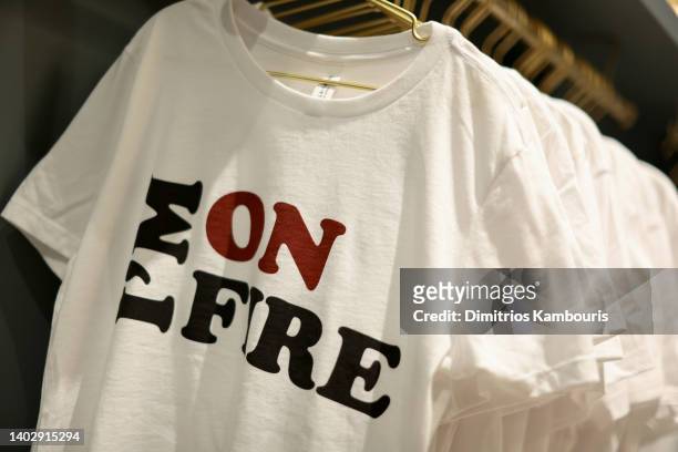 View of 'I'm on Fire' t-shirts on display as Naomi Watts celebrates a preview of her beauty and wellness menopause brand, Stripes, launching this...