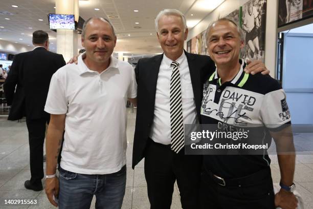 Oliver Neuville, Rainer Bonhof and Olaf Thon attend the Club of Former National Players meeting at Borussia-Park on June 14, 2022 in...