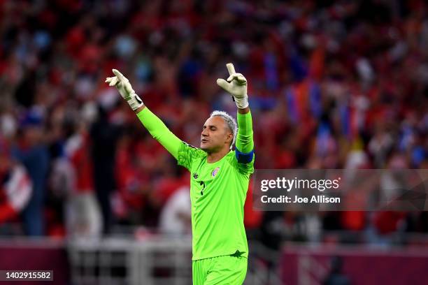 Keylor Navas of Costa Rica celebrates after their first goal in the 2022 FIFA World Cup Playoff match between Costa Rica and New Zealand at Ahmad Bin...