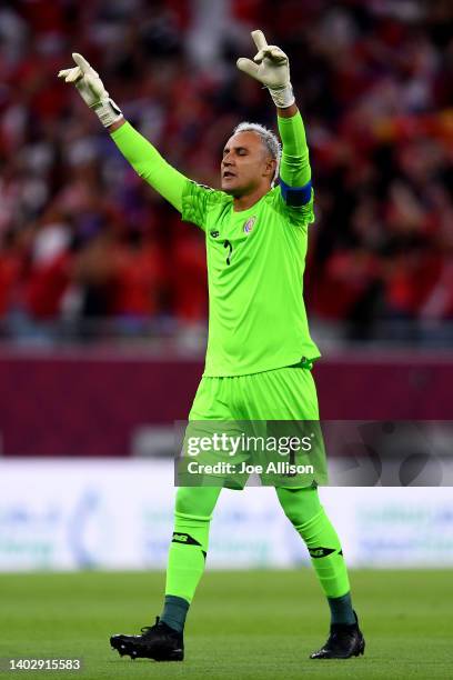 Keylor Navas of Costa Rica celebrates after their first goal in the 2022 FIFA World Cup Playoff match between Costa Rica and New Zealand at Ahmad Bin...