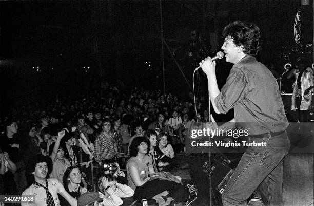 Tom Robinson from The Tom Robinson Band performs live on stage at the finale of the Rock Against Racism Red Rhino tour at Alexandra Palace in London...