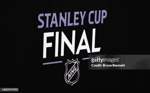 Closeup view of the podium during the 2022 NHL Stanley Cup Final Media Day at Ball Arena on June 14, 2022 in Denver, Colorado.
