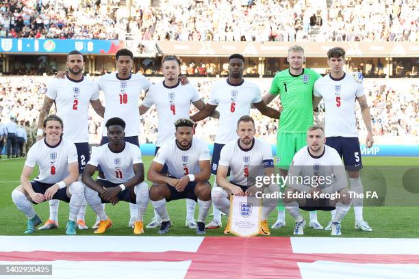 England players pose for a team photo prior to the UEFA Nations League League A Group 3 match between England and Hungary at Molineux on June 14,...