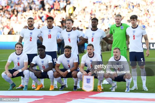 England players pose for a team photo prior to the UEFA Nations League League A Group 3 match between England and Hungary at Molineux on June 14,...