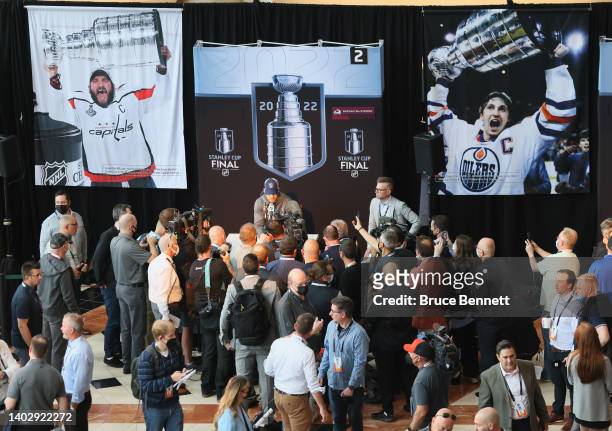 Nathan MacKinnon of the Colorado Avalanche speaks with the media during the 2022 NHL Stanley Cup Final Media Day at Ball Arena on June 14, 2022 in...