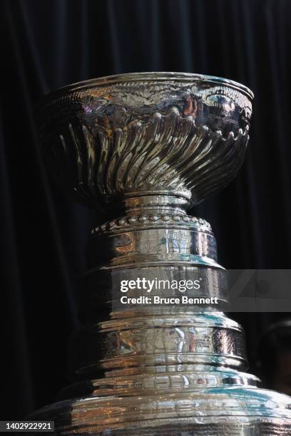 The Stanley Cup is on display during the 2022 NHL Stanley Cup Final Media Day at Ball Arena on June 14, 2022 in Denver, Colorado.