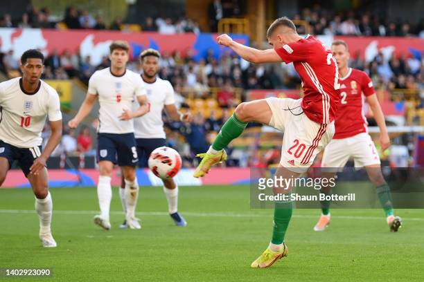 Roland Sallai of Hungary scores their team's first goal during the UEFA Nations League League A Group 3 match between England and Hungary at Molineux...