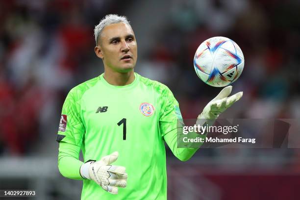 Keylor Navas of Costa Rica reacts during the 2022 FIFA World Cup Playoff match between Costa Rica and New Zealand at Ahmad Bin Ali Stadium on June...