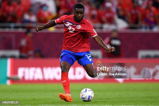 Joel Campbell of Costa Rica takes a shot at goal in the 2022 FIFA World Cup Playoff match between Costa Rica and New Zealand at Ahmad Bin Ali Stadium...