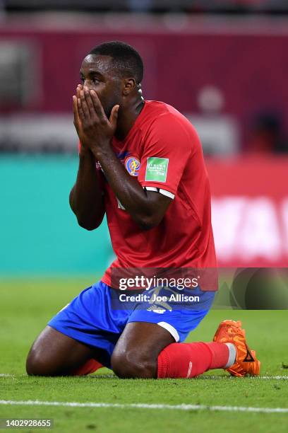 Joel Campbell of Costa Rica reacts in the 2022 FIFA World Cup Playoff match between Costa Rica and New Zealand at Ahmad Bin Ali Stadium on June 14,...