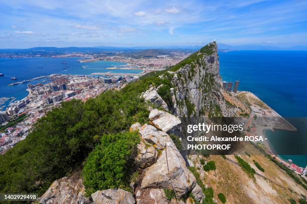 view of the rock of gibraltar from its top - vertical cliffs over the city center of this overseas territory of the united kingdom in the south of spain by the mediterranean sea - pedra de gibraltar - fotografias e filmes do acervo