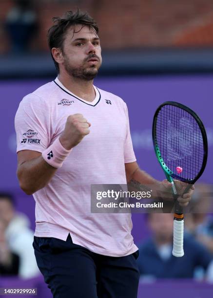 Stan Wawrinka of Switzerland celebrates after winning match point against Frances Tiafoe of The United States during the Men's Singles First Round...