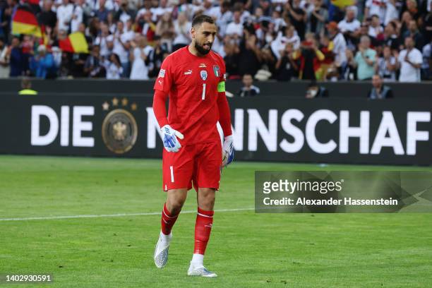 Gianluigi Donnarumma of Italy reacts after likay Gundogan of Germany scores their side's second goal from a penalty during the UEFA Nations League -...