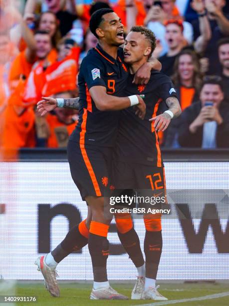 Noa Lang of the Netherlands is celebrating his goal with Cody Gakpo of the Netherlands during the UEFA Nations League A Group 4 match between the...