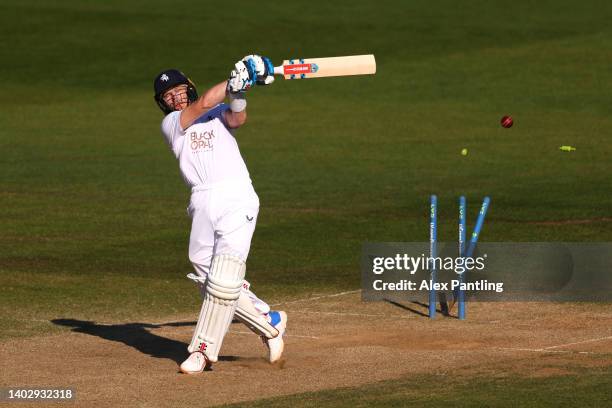 Sam Billings of Kent is bowled by Ajeet Singh-Dale of Gloucestershire during the LV= Insurance County Championship match between Kent and...