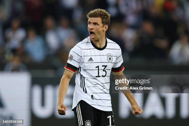 Thomas Muller of Germany celebrates scoring their side's third goal during the UEFA Nations League - League A Group 3 match between Germany and Italy...