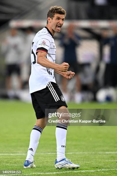 Thomas Muller of Germany celebrates scoring their side's third goal during the UEFA Nations League - League A Group 3 match between Germany and Italy...